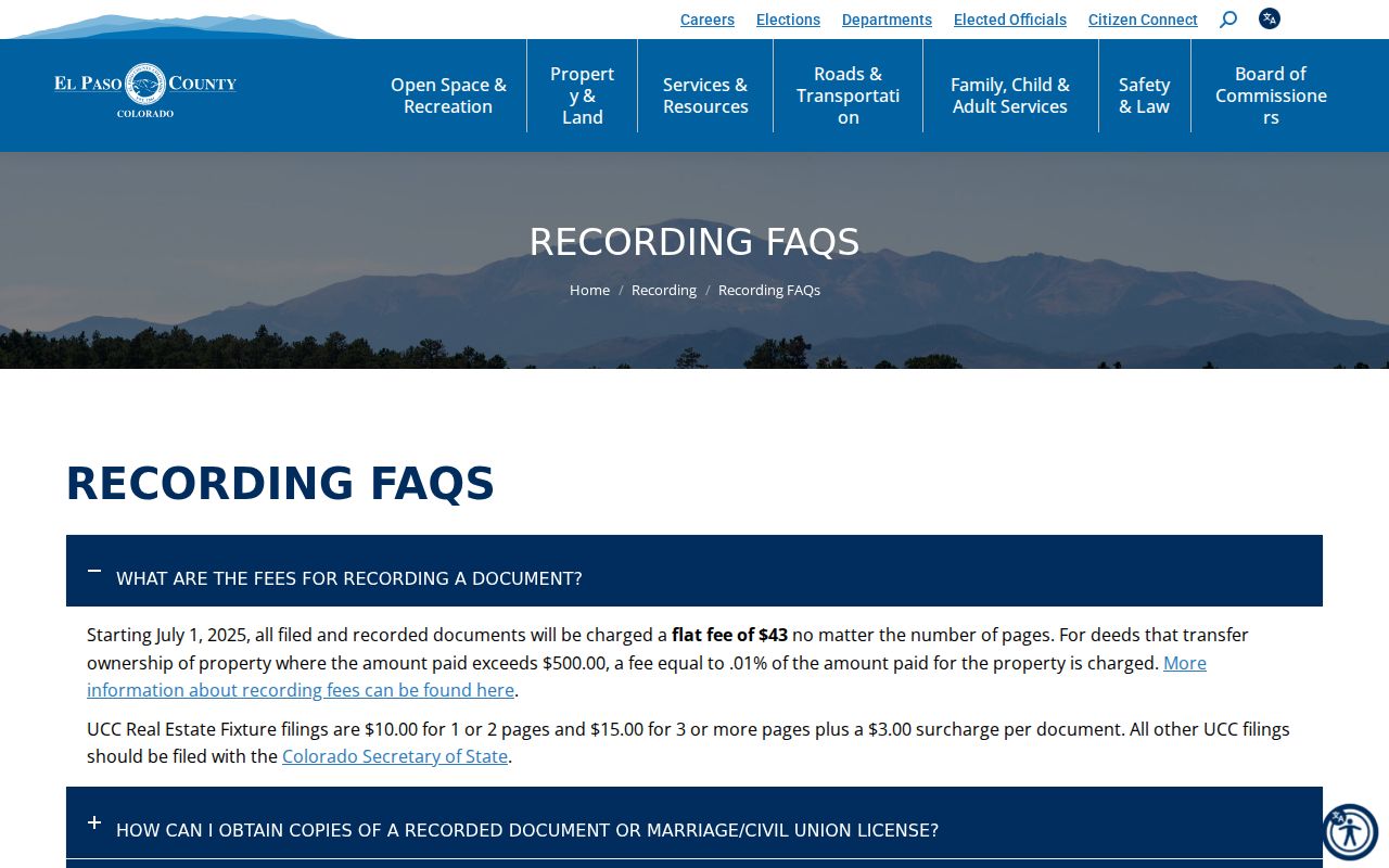 Fountain previous residents Recorder copy fees and older record instructions
