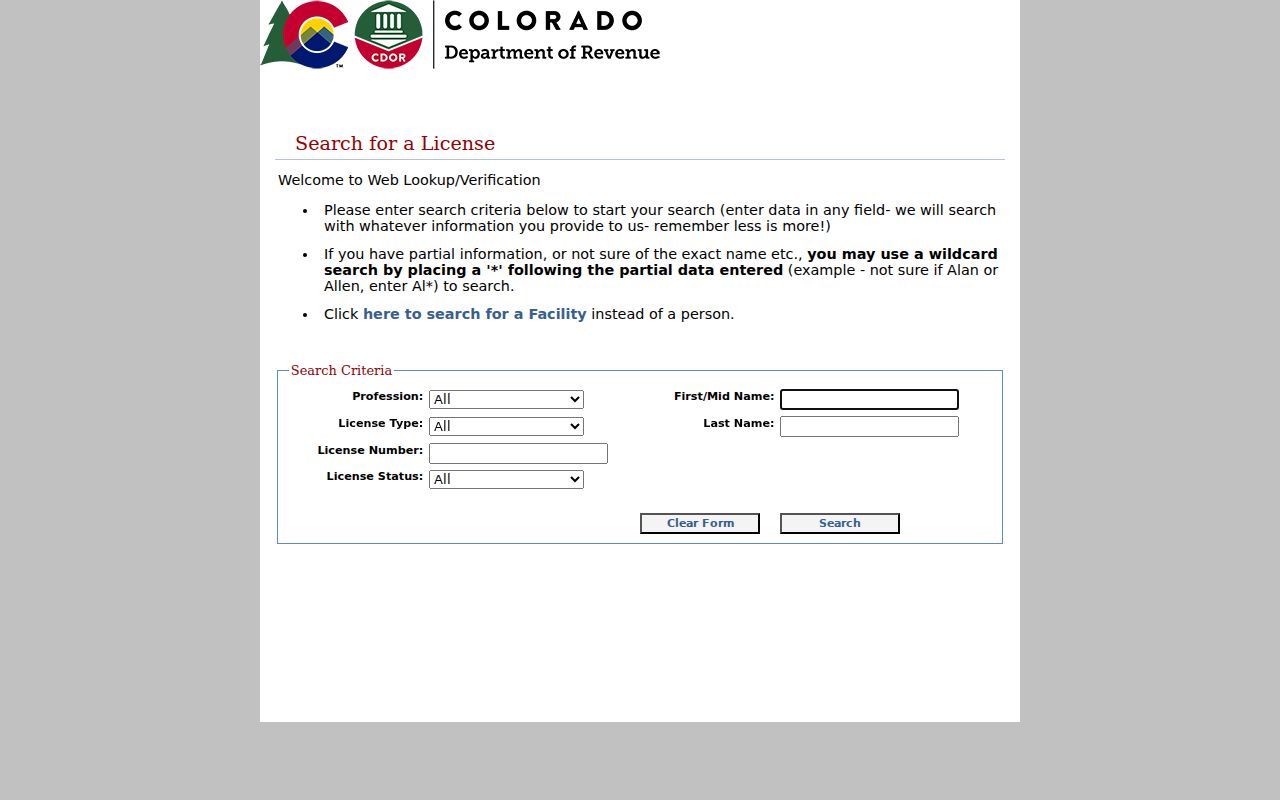 Fountain resident lookup Colorado DORA professional license search